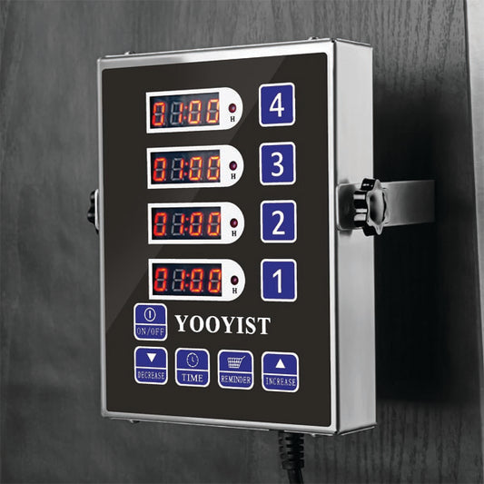 The PCPOS Systems 4 Channel Commercial Kitchen Timer features four numbered LED displays (1–4), control buttons, and stainless steel design. Mounted on the wall, it’s ideal for busy kitchens, with each display set to 1:00 and a loud alarm reminder.