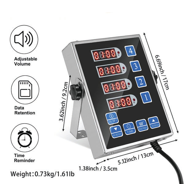 The PCPOS Systems 4 Channel Commercial Kitchen Timer features stainless steel, LED display, numbered blue buttons (1–4), function keys, adjustable volume, data retention, and time reminder—ideal for restaurants. Loud alarm; dimensions and weight included.