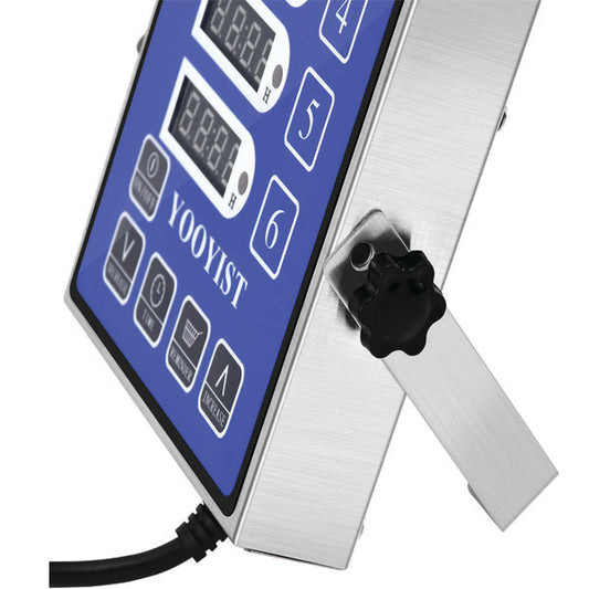 A close-up of the PCPOS Systems 6 Channel Stainless Steel Digital LED Chef Cooking Timer with a blue control panel, numbered buttons, side knob, and loud alarm—ideal for commercial kitchen use.