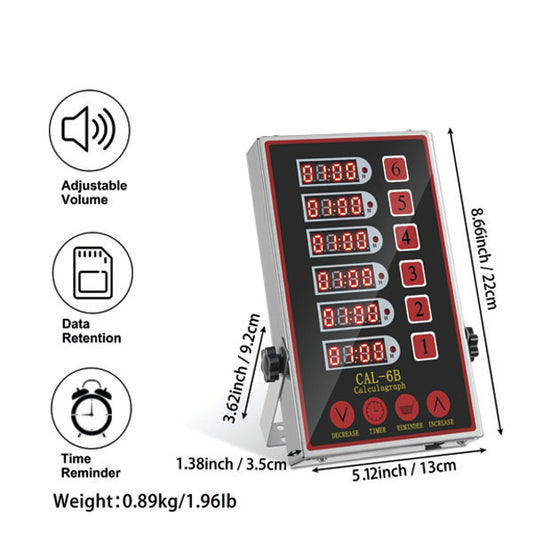The PCPOS Systems 6 Channel Commercial Kitchen Timer features a stainless steel case with red accents, digital LED displays, loud adjustable alarms, reminder functions, and data retention—ideal for chef tasks. Model: CAL-6B. Dimensions and weight provided.