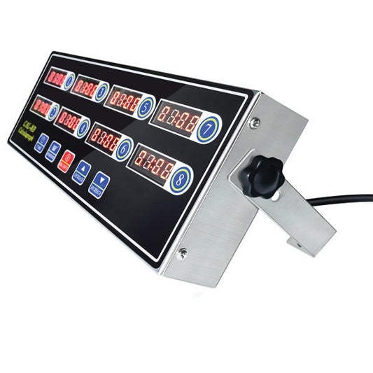 The PCPOS Systems 8 Channel Commercial Kitchen Timer features a stainless steel build, digital LED display, reminder function, loud alarm, control buttons, and power cable—ideal for busy restaurant kitchens.