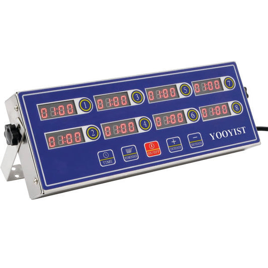 The PCPOS Systems 8 Channel Commercial Kitchen Timer features a stainless steel panel, blue casing, red LED displays, bottom control buttons, reminder function, and loud alarm—ideal for chefs in busy restaurant kitchens.