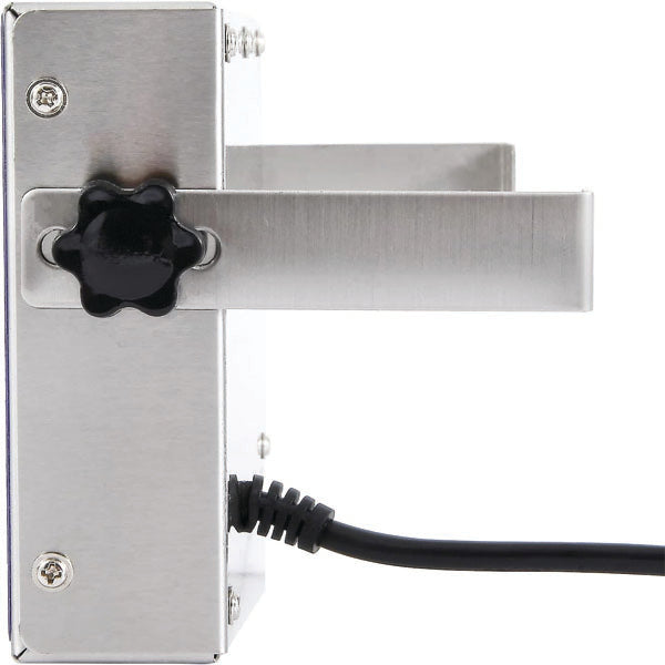 A close-up side view of the PCPOS Systems 8 Channel Stainless Steel Digital LED Chef Cooking Timer with a black knob and power cord, set against a white background.