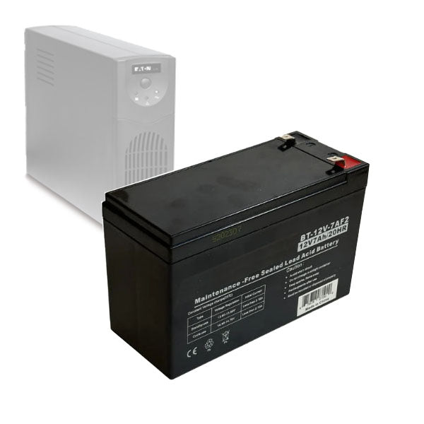 A black rectangular sealed lead-acid battery labeled Sealed Lead Acid Battery 12V 7amp by INF99 is prominently displayed, with a grey UPS unit blurred in the background. Ideal for security alarm systems, this maintenance-free battery guarantees reliability.