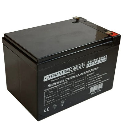 The INF99 12V 12amp sealed lead acid battery, in black, is an ideal UPS replacement. Its rectangular design features metal terminals on top, with specifications clearly listed on the side for easy reference.
