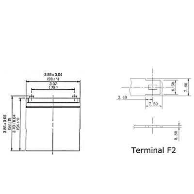 The INF99 Sealed Lead Acid Battery 12V 12A features a technical drawing with dimensions. The front view shows a height of 3.86 inches and a width of 3.03 inches, while the side view highlights Terminal F2, suitable for security alarm or UPS battery replacement applications.
