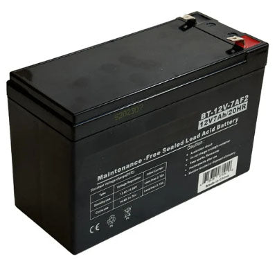 The INF99 Sealed Lead Acid Battery 12V 7amp, model BT-12V-7AF2, is black and rectangular with 12V7Ah/20HR specs. Its maintenance-free, ideal for UPS replacement or security alarms, and has two top terminals—one red and one black.