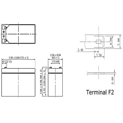 Technical drawing of the INF99 Sealed Lead Acid Battery 12V 7A with dimensions: front view—151 mm width, 94.25 mm height; side view—64.9 mm depth. Designed as a UPS replacement battery with F2 terminal and various connector dimensions.
