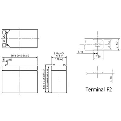 The technical drawing of the INF99 Sealed Lead Acid Battery 12V 9amp shows dimensions labeled in millimeters, featuring front, side, and top views with detailed measurements. The terminal is labeled as F2. Tolerances are indicated, making it suitable for security lighting applications.