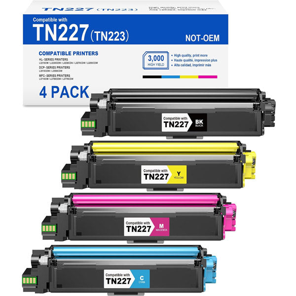 Four toner cartridges (black, cyan, magenta, yellow) from PCPOS Systems are shown in front of a box labeled “TN227 Toner Cartridge Compatible Replacement for TN223, 4 Combo Pack.” Compatible with Brother MFC-L3770CDW, HL-L3270CDW, and more.