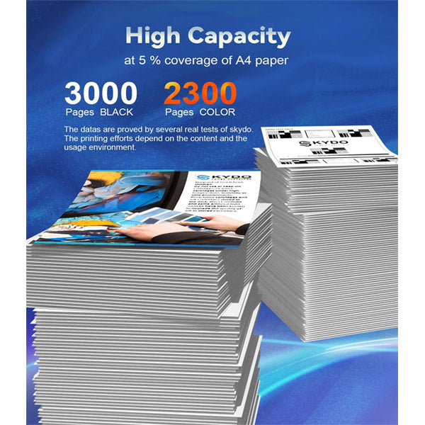 Stacks of A4 papers illustrate the PCPOS Systems TN227 Toner Cartridge (compatible with MFC-L3770CDW, HL-L3270CDW, etc.) yielding up to 3,000 black and 2,300 color pages at 5% coverage per page (4 Combo Pack, with Chip).