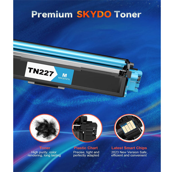Image of PCPOS Systems TN227 Toner Cartridge (4 Combo Pack, with chip) for Brother MFC-L3770CDW, HL-L3270CDW & more; highlights: high purity color, precision plastic chart, smart chips; shown on a blue abstract background.