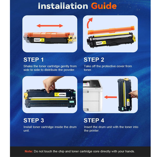 PCPOS Systems TN227 Toner Cartridge (compatible with TN223) for HL-L3270CDW, MFC-L3770CDW & more. Install in 4 steps: shake, remove cover, place in drum unit, insert into printer. Includes illustrated guide. 4 combo pack with chip.