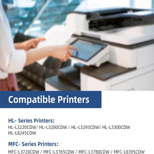 A touch screen printer displays a blue box listing PCPOS Systems TN229XL Toner Cartridge compatibility with Brother HL-L3220CDW, HL-L3280CDW, MFC-L3780CDW, MFC-L3720CDW, and more HL-/MFC-series printers.