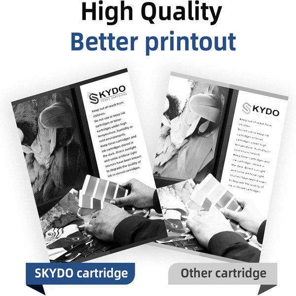 Two side-by-side prints are shown; the left, labeled "PCPOS Systems TN229XL Toner Cartridge Compatible Replacement for Brother MFC-L3780CDW/L3720CDW/HL-L3220CDW/HL-L3280CDW," looks vibrant, while the right is faded. Text above: High Quality Better printout.