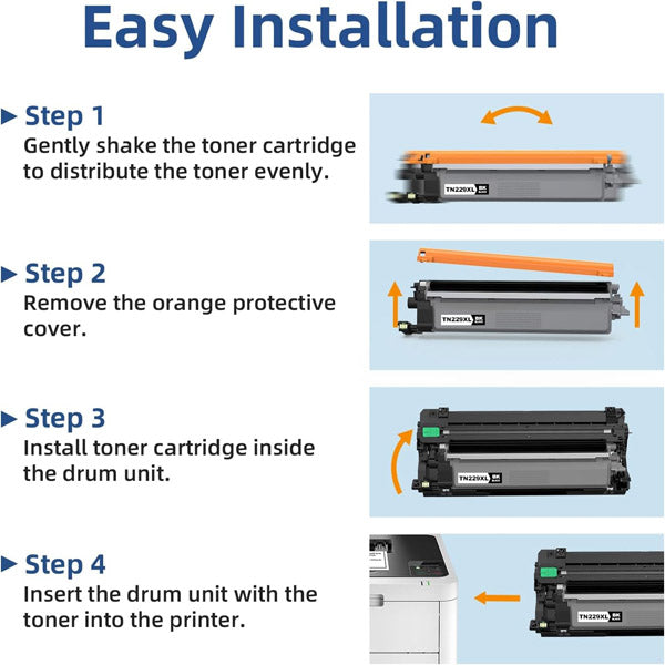 PCPOS Systems TN229XL Toner Cartridge (B/C/M/Y, 4-Pack) for MFC-L3780CDW, HL-L3280CDW, and more includes easy image-guided steps: shake, remove orange cover, insert high yield toner with chip into drum, then install in your Brother printer.