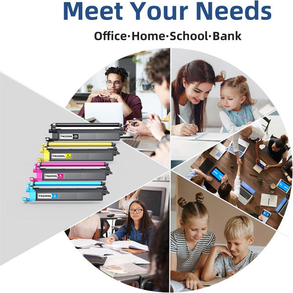 A collage features PCPOS Systems TN229XL Toner Cartridges (B/C/M/Y, 4-Pack) for Brother MFC-L3780CDW, HL-L3280CDW, and more in office, home, school, and bank settings with the header: Meet Your Needs: Office, Home, School, Bank.