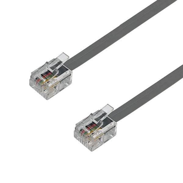 A close-up of the PCPOS Systems NCR Part #1449-C113-0004 Straight Thru Bump Bar Cable: a grey modular flat cable with two transparent male RJ11 connectors showing colored wires inside each end.
