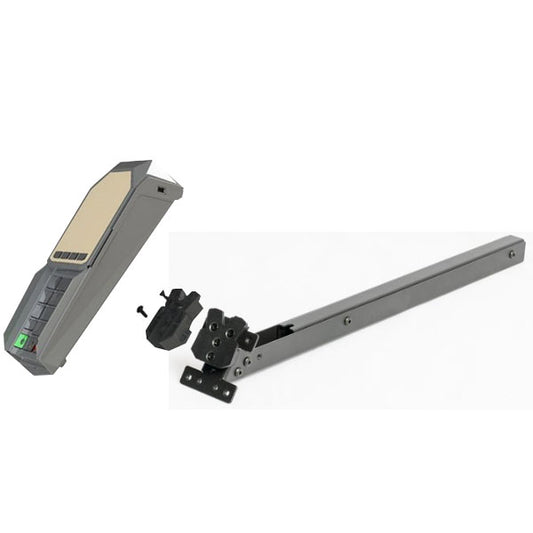 A gray wall-mounted keypad complements the PCPOS Systems Debit Terminal Drive-Thru Lane Extension Pole, featuring buttons and a detachable cover, next to a straight metallic arm with a joint mechanism for door automation.