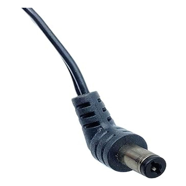 A close-up of a black right-angle DC connector and cable, part of the NEW Repackaged Ingenico PSM32W-080L6 Power Supply—8V 4A AC adapter with 2.1mm jack, used for debit terminals and electronic devices.