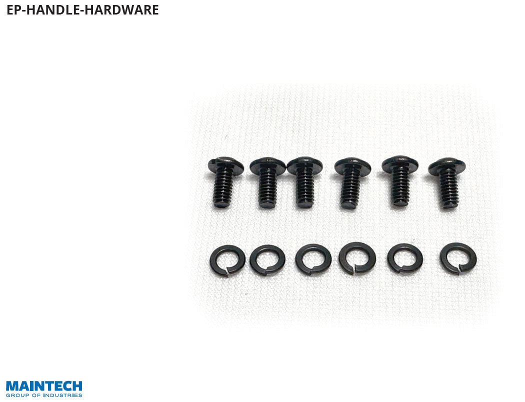 Eight black screws and washers, essential for your Verifone P400, are set on a white background. EP-HANDLE-HARDWARE appears in the top left corner with the Maintech Group of Industries logo at the bottom. Part of MainTech99s 12” Drive Thru Stick Screw Kit for the Verifone P400 Mounting Bracket.