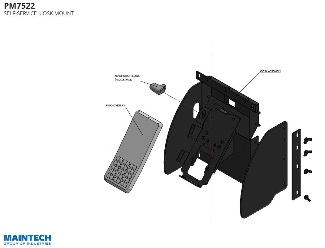 The PM7522 exploded view schematic by MainTech99 displays a self-service kiosk with assembly parts, including a lock, keypad, and Verifone P400-compatible Debit Terminal. Comes with mounting brackets and screws.