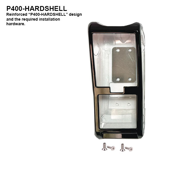 PCPOS Systems Verifone P400-HARDSHELL black case features a reinforced design and includes installation hardware with two screws.
