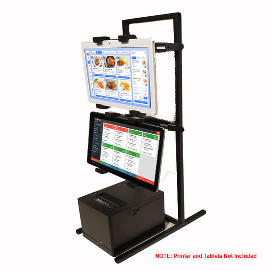 The PCPOS Tablet Tower by PCPOS Systems is a black metal POS clamp mount that holds up to three 7–10" tablets vertically, perfect for delivery apps and POS use. Shown with printer and tablets, which are not included.