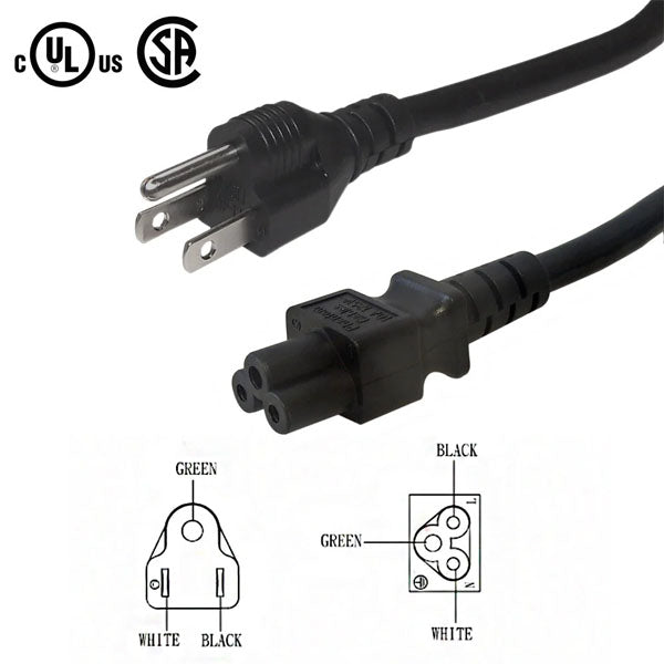 The image shows a black INF NCR PART #: 1449-C115-0037 Ithaca 8000 straight blade power cord (12 feet) with matching connector, wiring diagrams for green, white, and black prongs, plus UL and CSA certification logos in the top left.