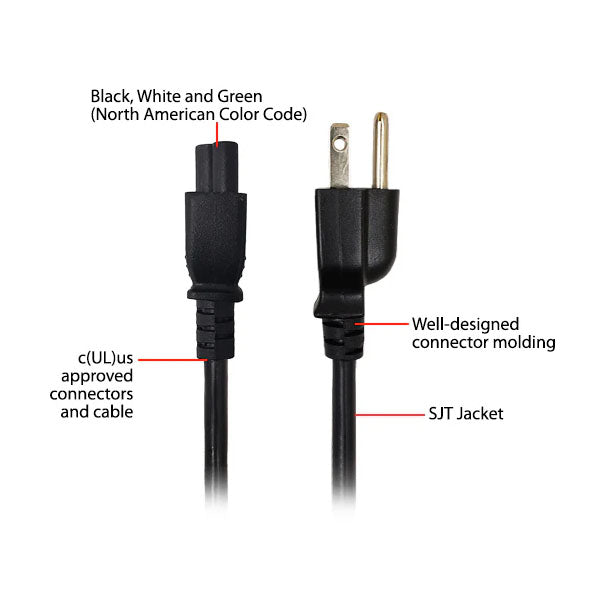 Two views of the INF NCR PART #1449-C115-0037 (Ithaca 8000 straight blade power cord, 12 ft): one shows the C5 connector, the other displays the 5-15P plug. Labels note color code, molding, UL approval, and SJT jacket details.