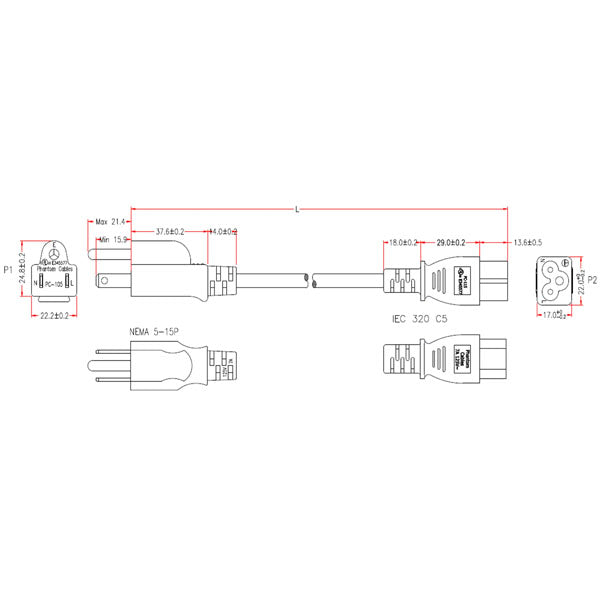 Technical drawing of INF NCR PART #: 1449-C115-0037 Ithaca 8000 straight blade power cord, 12ft UL approved, showing side/top views of NEMA 5-15P plug and IEC 320 C5 connector with measurements labeled in millimeters.