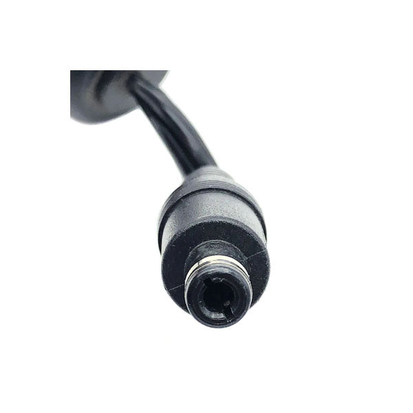 Close-up of a USED Like New Protran Power Supply's black coaxial connector plug with a metal ring, attached to its cable, showing model output 19V 3.16A 60W, against a plain white background. Input: 100-240V 1.6A 60Hz.