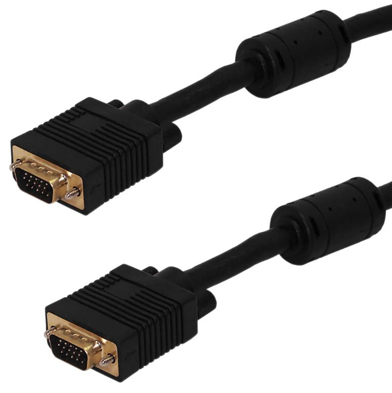 Two PCPOS Systems SVGA HD15 Male to Male Cables lie side by side on a white background. Designed for monitors or projectors, each black cable has gold-plated connectors with rows of pins and screws for secure, reliable VGA connections.