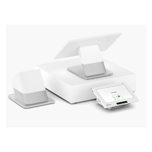 The Clover Flex Debit/Credit Terminal by PCPOS Systems features a modern, white POS design with two sleek card readers on stands and a touch screen displaying transaction options. Its minimalist, futuristic look is enhanced by its plain white background and advanced capabilities.