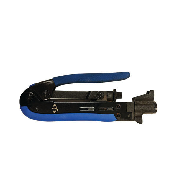 The INF TLH-200 Compression Tool for F-Type connectors (RG59, RG6, RG11) features black metal and blue rubberized handles, shown on a white background.
