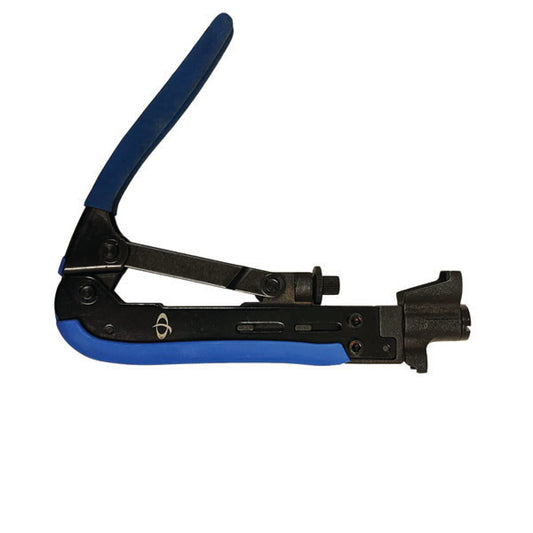 The INF TLH-200 Compression Tool for F-Type Compression Connectors (RG59, RG6, RG11) features blue handles and a partially open design, revealing its metal components and adjustable settings against a white background.