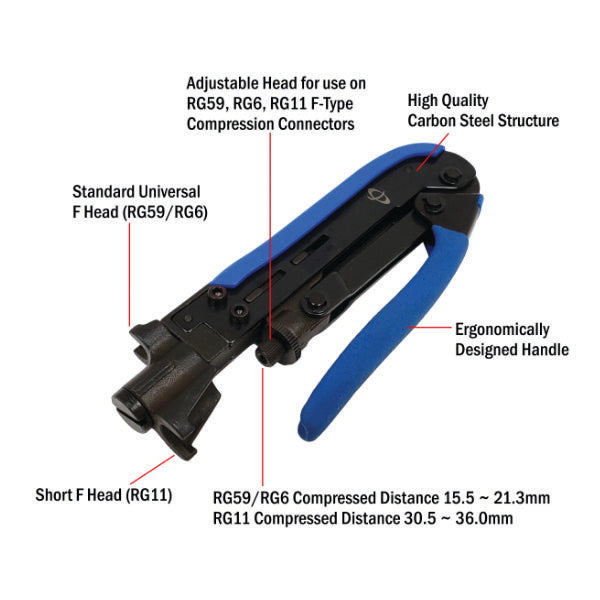 The INF TLH-200 Compression Tool for F-Type Connectors features an ergonomic blue handle, carbon steel build, adjustable head, and set compression distances for RG59, RG6, and RG11 coaxial cables.