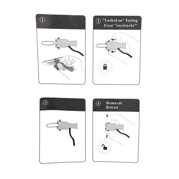 Four illustrated panels show how to use and remove the INF Bix Test Probe Clip (BIX17A): insert needle, test while locked, tag, and release with a button. Instructions appear in English and French.