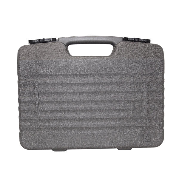 The INF RF Crimp/Strip Tool Kit comes in a durable, textured black plastic case with a handle, two top latches, and front ridges—perfect for safe storage and transport.