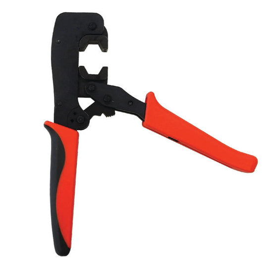 The INF TL-CR-600 Crimp Tool for LMR-600 Cable, shown open with red and black handles on a white background, is ideal for attaching RF coaxial connectors.