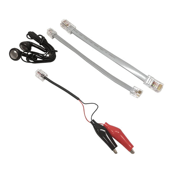 Three items—black earphones, 2 grey RJ11 phone cables, and a short black wire with alligator clips—are perfect accessories to use with the INF Network Cable Tester & Wire Tracer for RJ45 UTP/STP Cables.