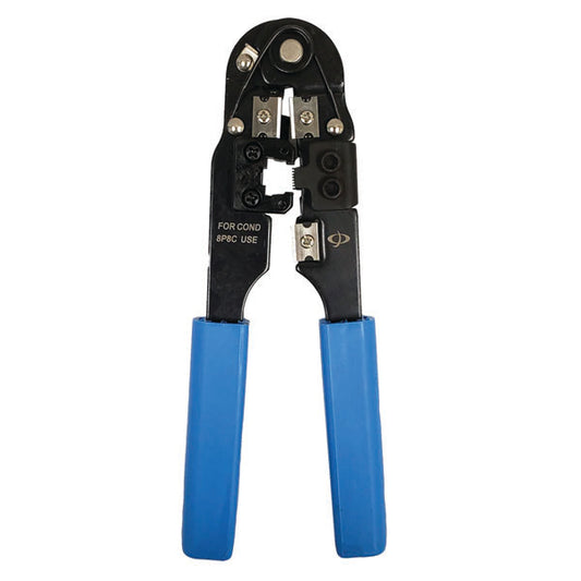 The INF TLH-120 Crimp Tool for Modular Plugs - RJ45 features blue, spring-loaded handles and is ideal for attaching 8P8C connectors to network cables; it also strips and cuts wires.