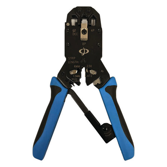 The PCPOS Systems Professional Ratcheting Crimp Tool features blue and black handles, markings for strip lengths and connector types, and is designed to strip, cut, and crimp RJ45, RJ12, RJ11, RJ9 & DEC modular plugs.