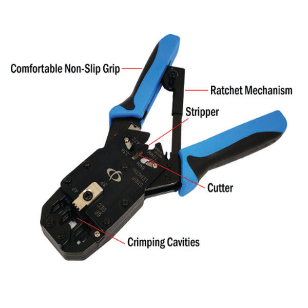 The PCPOS Systems Professional Ratcheting Crimp Tool features blue non-slip handles, a ratchet mechanism, stripper, cutter, and crimping cavities—ideal for working with RJ45, RJ12, RJ11, RJ9 & DEC modular plugs.