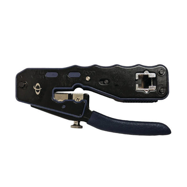 The INF TLH-125 Professional Crimp Tool for Modular Pass-Through Plugs (RJ45) features a black and blue ergonomic grip, metal cutter and crimper, shown in side view on white background, ideal for stripping and cutting network cables.