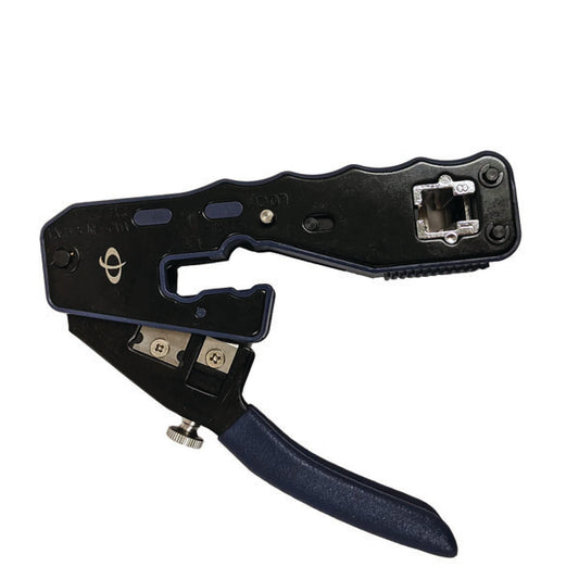 The INF TLH-125 Professional Crimp Tool for Modular Pass-Through Plugs (RJ45) strips, cuts, and attaches connectors to cables; features a black and blue grooved handle for comfortable use.