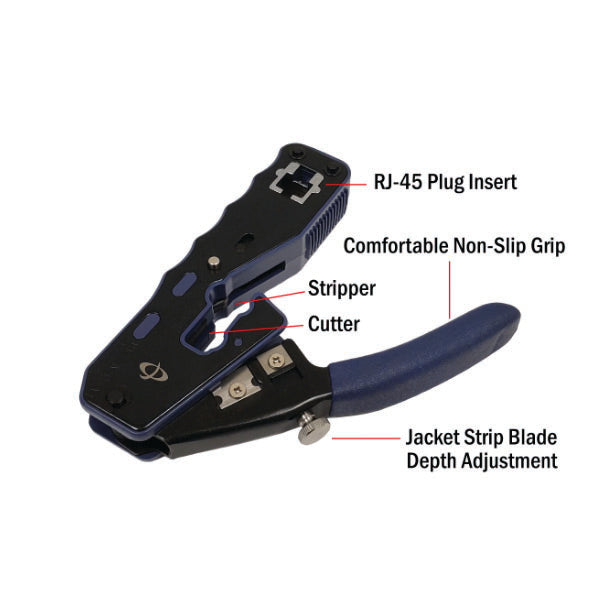 A labeled diagram of the INF TLH-125 Professional Crimp Tool for Modular Pass-Through RJ45 plugs shows the insert slot, non-slip grip, stripper, cutter, and adjustable jacket strip blade.