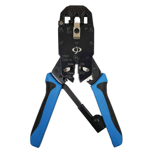 The INF TLH-130 Professional Ratcheting Crimp Tool features marked stripping lengths and measurement labels for cutting, stripping, and crimping RJ50, RJ12, RJ11, RJ9 & DEC network plugs. Black/blue handles reveal its working mechanism.