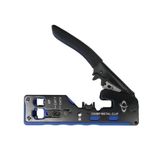 The INF TLH-145 Ratcheting Crimp Tool is a black and blue modular tool for cutting and crimping RJ11, RJ12, RJ45, and shielded plugs with external strain relief—ideal for efficient Ethernet cable installations.