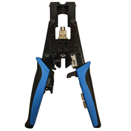 The INF TLH-201 Compression Tool for BNC, F-Type & RCA connectors (RG59, RG58, RG6) is a black and blue adjustable ratcheting crimper with a spring mechanism and adjustment knob, pictured on a white background.
